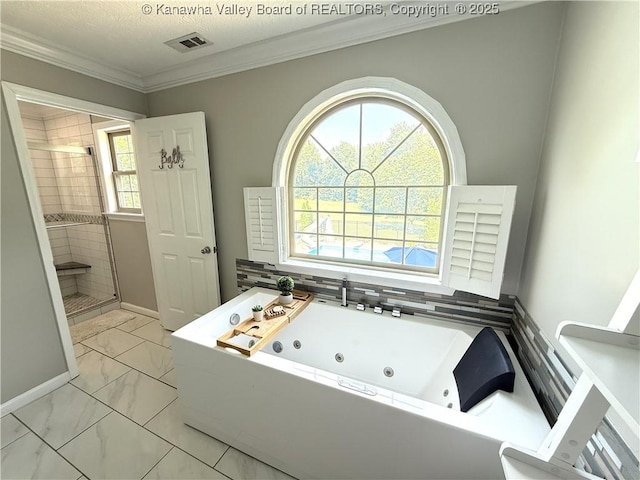 255 Stoney Brook Dr, Point Pleasant, WV 25550 - full bathroom featuring a jetted tub, crown molding, marble look tile flooring, a stall shower, and a textured ceiling