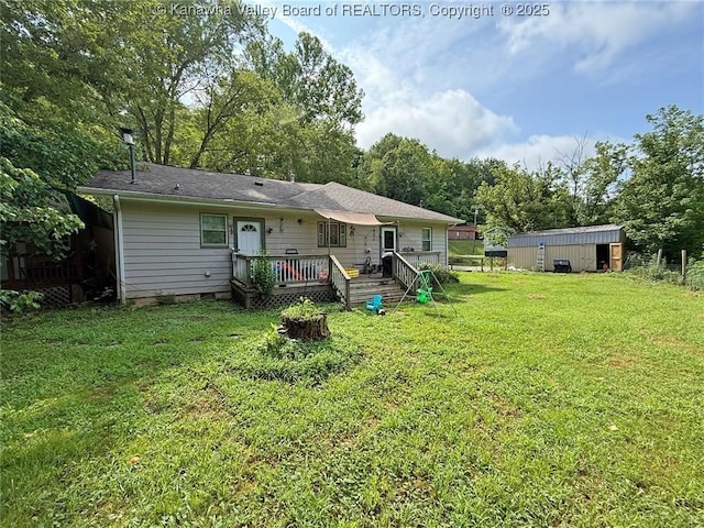 4261 Washington St W, Dunbar, WV 25313 - rear view of house with a lawn, a wooden deck, an outdoor structure, and crawl space