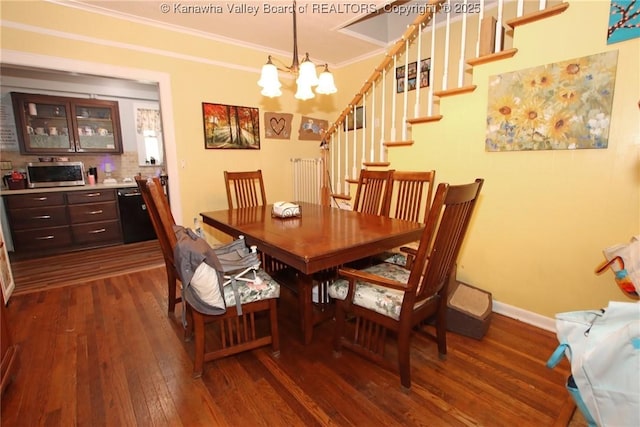 4261 Washington St W, Dunbar, WV 25313 - dining room featuring dark wood-type flooring, ornamental molding, a chandelier, and stairs