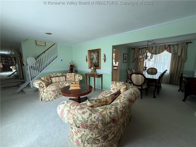 105 Sayer Cir, Logan, WV 25601 - living area featuring carpet floors, stairs, a chandelier, and crown molding