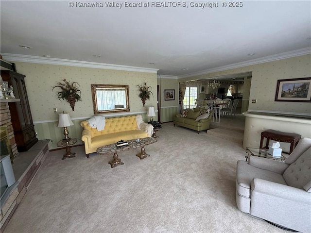 105 Sayer Cir, Logan, WV 25601 - carpeted living area with wallpapered walls, plenty of natural light, ornamental molding, and a stone fireplace