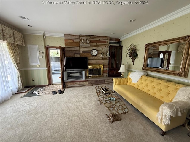 105 Sayer Cir, Logan, WV 25601 - living area with wallpapered walls, ornamental molding, wainscoting, carpet flooring, and a stone fireplace