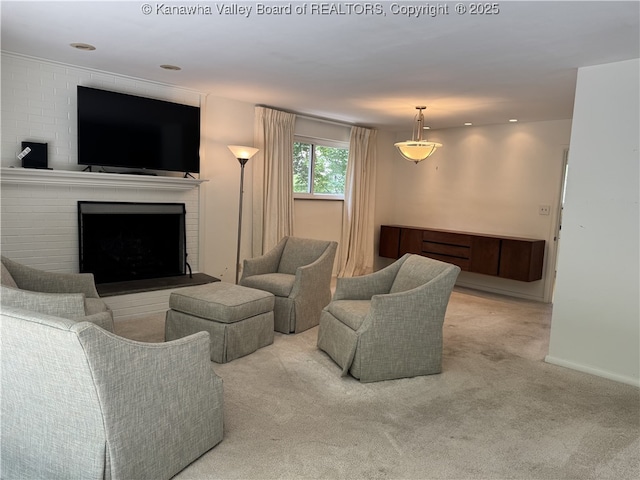 119 Swarthmore Ave, Charleston, WV 25302 - living room featuring a fireplace, carpet flooring, and recessed lighting