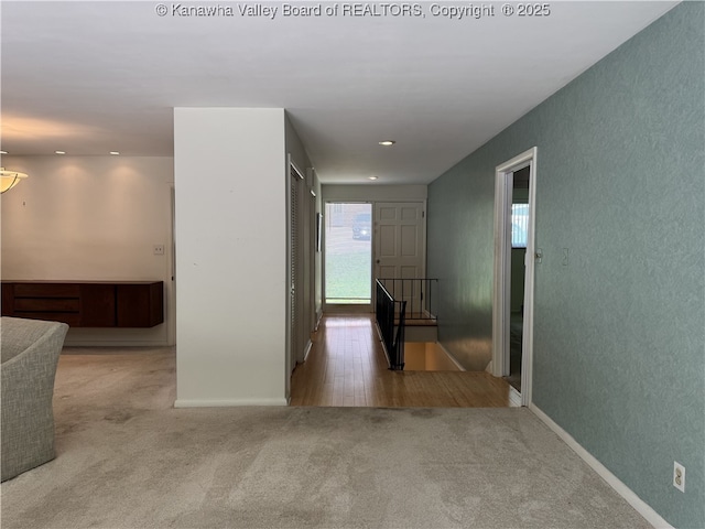 119 Swarthmore Ave, Charleston, WV 25302 - hall with an upstairs landing, carpet, a textured wall, and recessed lighting