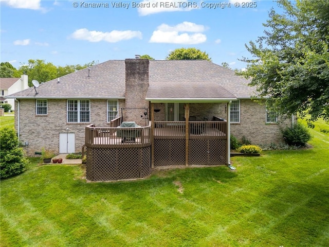 182 Summer Dr, Culloden, WV 25510 - rear view of property with a chimney, a lawn, a deck, and brick siding
