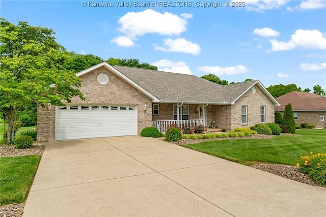 182 Summer Dr, Culloden, WV 25510 - ranch-style home with covered porch, brick siding, a front yard, concrete driveway, and an attached garage