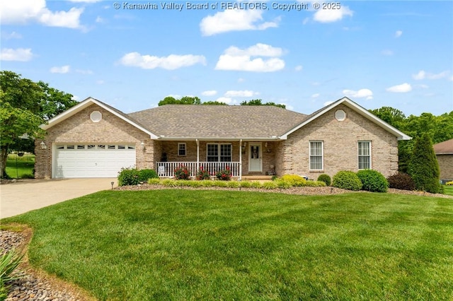182 Summer Dr, Culloden, WV 25510 - ranch-style home with covered porch, brick siding, a front yard, and concrete driveway