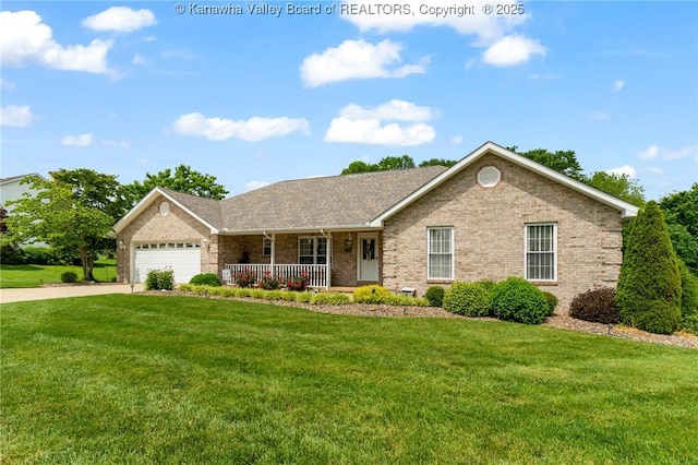 182 Summer Dr, Culloden, WV 25510 - ranch-style home featuring covered porch, brick siding, a front yard, concrete driveway, and a garage