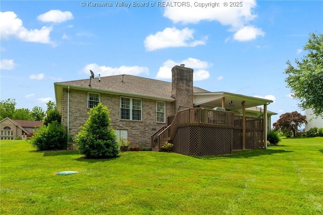 182 Summer Dr, Culloden, WV 25510 - rear view of property featuring a yard, a chimney, stairs, a wooden deck, and brick siding