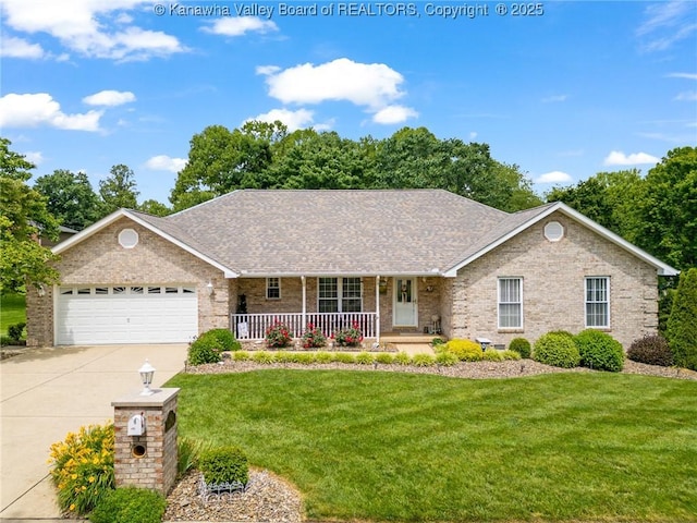 182 Summer Dr, Culloden, WV 25510 - ranch-style house with a porch, concrete driveway, a front lawn, brick siding, and a garage