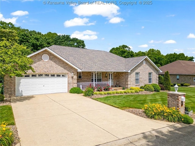 182 Summer Dr, Culloden, WV 25510 - ranch-style home with a porch, brick siding, a front yard, concrete driveway, and a garage