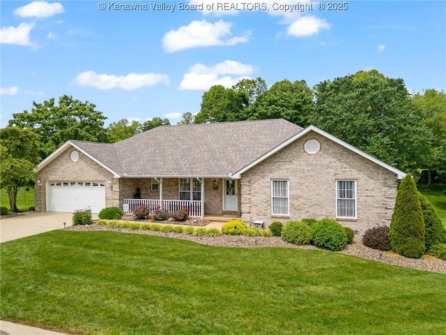 182 Summer Dr, Culloden, WV 25510 - ranch-style home featuring covered porch, a front lawn, concrete driveway, and brick siding