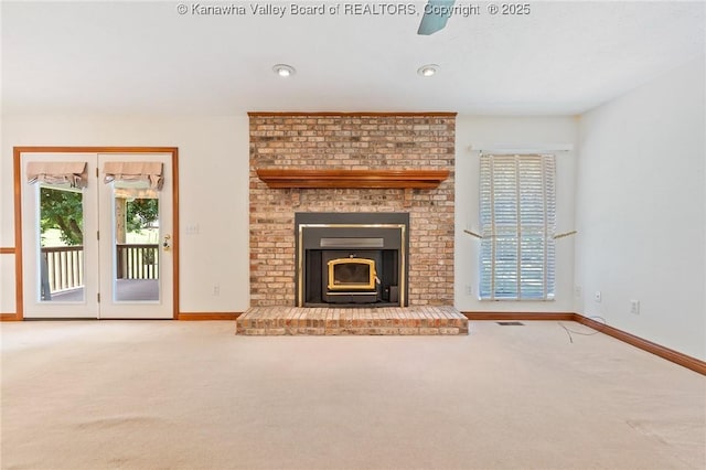 182 Summer Dr, Culloden, WV 25510 - unfurnished living room featuring carpet flooring, a brick fireplace, and recessed lighting