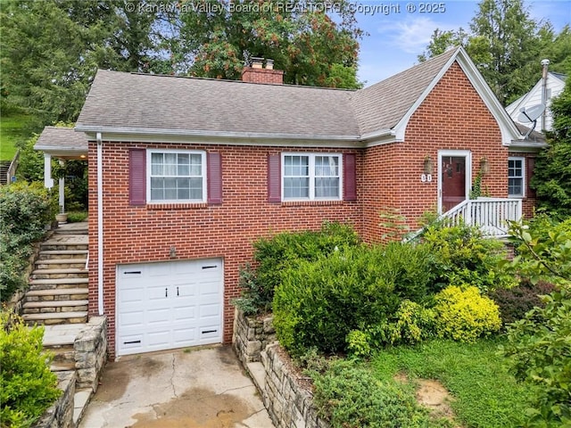51 Roland Park Dr, Huntington, WV 25705 - view of front of house featuring an attached garage, roof with shingles, a chimney, and brick siding