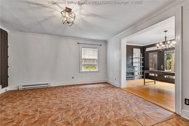 887 Poplar Rd, Charleston, WV 25302 - empty room with a chandelier, crown molding, baseboard heating, and stone finish floors