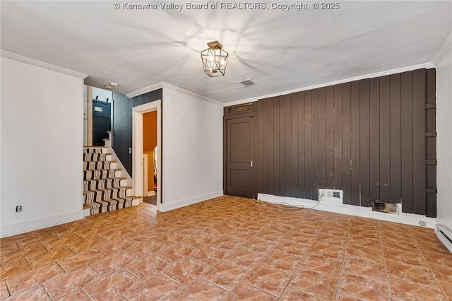 887 Poplar Rd, Charleston, WV 25302 - empty room with ornamental molding, stairs, and wooden walls