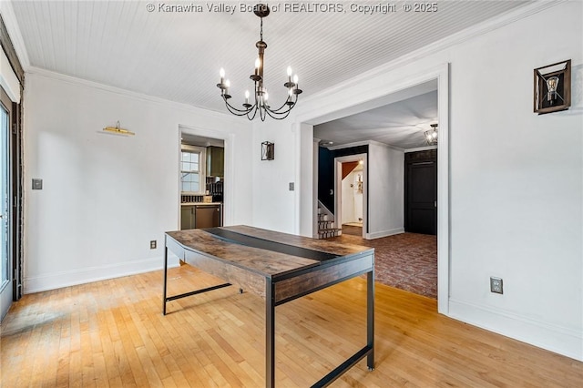 887 Poplar Rd, Charleston, WV 25302 - dining space featuring crown molding, a chandelier, light wood finished floors, and stairway