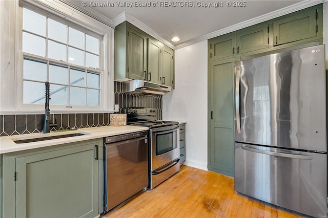 887 Poplar Rd, Charleston, WV 25302 - kitchen with appliances with stainless steel finishes, green cabinets, under cabinet range hood, light countertops, and ornamental molding