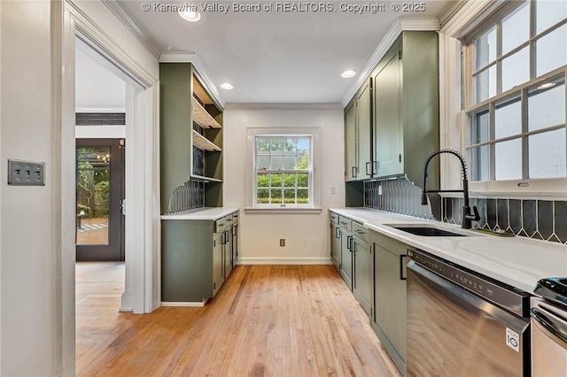 887 Poplar Rd, Charleston, WV 25302 - kitchen featuring green cabinetry, stainless steel dishwasher, light wood-style floors, crown molding, and open shelves