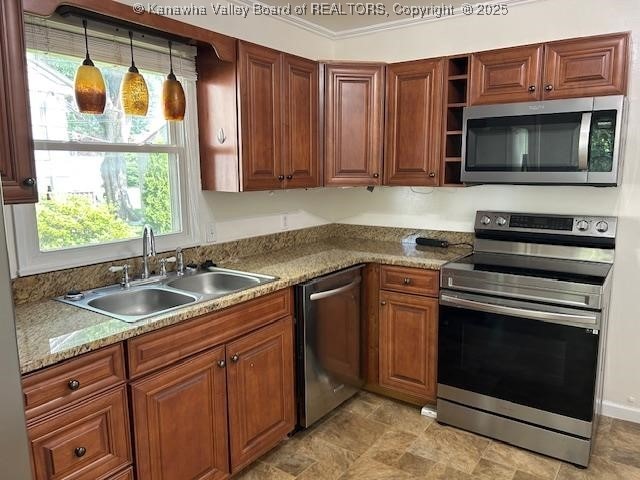 3503 Virginia Ave SE, Charleston, WV 25304 - kitchen featuring appliances with stainless steel finishes, open shelves, brown cabinetry, and decorative light fixtures