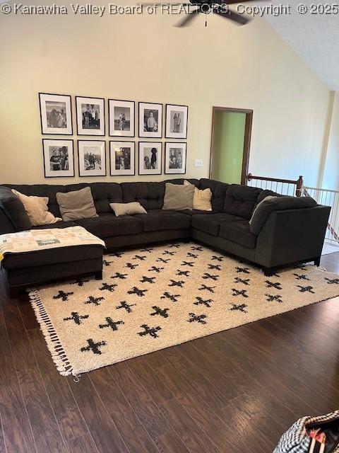 14 Perkins Way, Cross Lanes, WV 25313 - living room featuring a ceiling fan, high vaulted ceiling, and wood finished floors