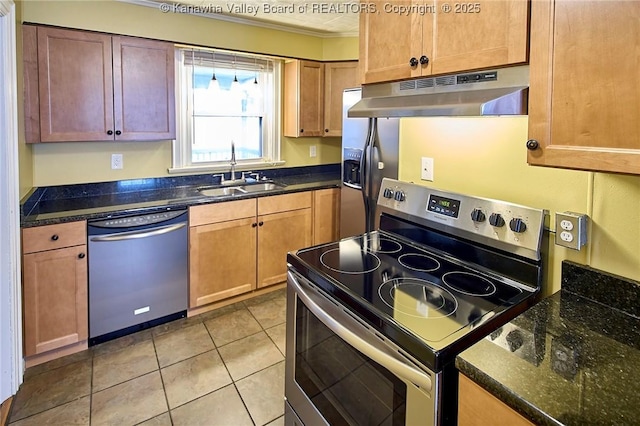 5309 Venable Ave SE, Charleston, WV 25304 - kitchen with appliances with stainless steel finishes, under cabinet range hood, ornamental molding, light tile patterned floors, and dark stone countertops