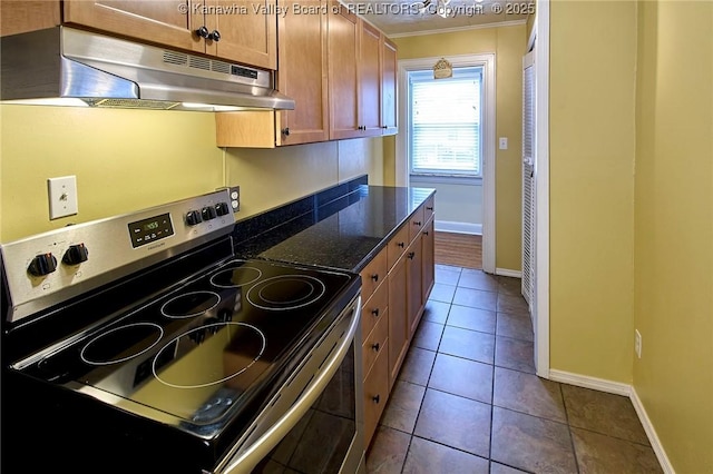 5309 Venable Ave SE, Charleston, WV 25304 - kitchen with stainless steel electric range, under cabinet range hood, ornamental molding, brown cabinetry, and dark tile patterned floors