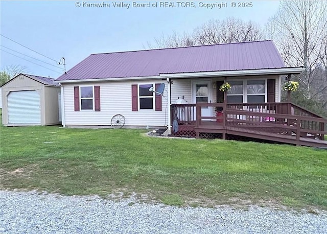 59 Pleasant Ln, Grantsville, WV 25147 - single story home featuring a metal roof, a storage unit, a front yard, and a wooden deck