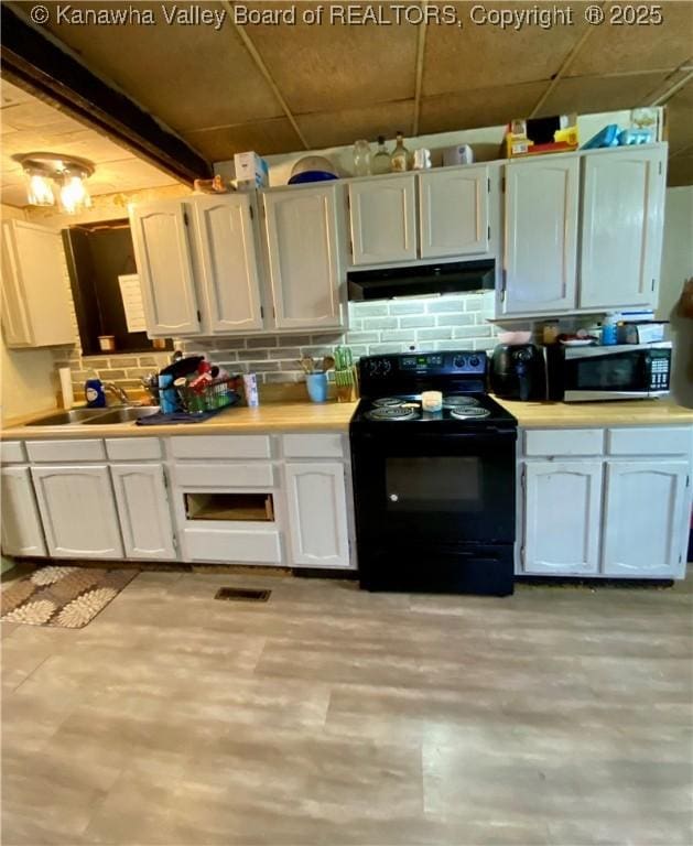1091/2 Hillcrest Dr, Ripley, WV 25271 - kitchen featuring black range with electric cooktop, under cabinet range hood, stainless steel microwave, light countertops, and decorative backsplash