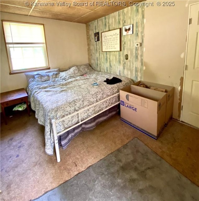 1091/2 Hillcrest Dr, Ripley, WV 25271 - bedroom with carpet flooring and wood walls