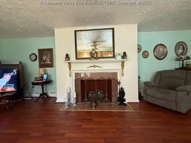 1022 Riverside Dr, Welch, WV 24801 - living room with a fireplace with flush hearth, a textured ceiling, wood finished floors, and a baseboard radiator