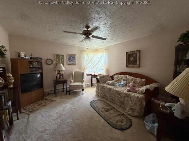 1022 Riverside Dr, Welch, WV 24801 - carpeted living area with ceiling fan and a textured ceiling