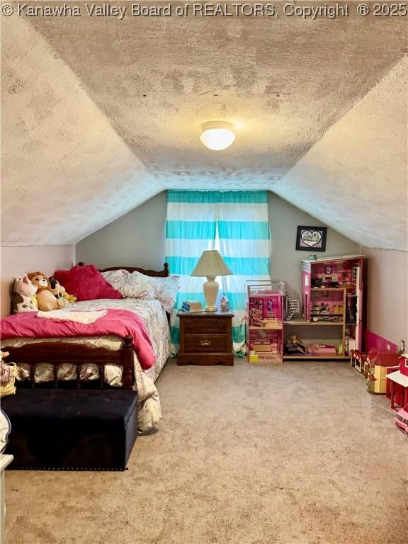 28 Brushy Frk, Alkol, WV 25501 - carpeted bedroom with a textured ceiling and lofted ceiling