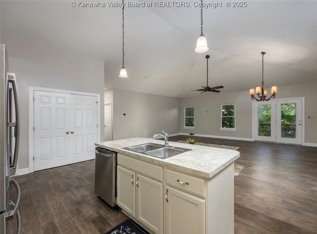 6 Squires Dr, Saint Albans, WV 25177 - kitchen featuring dark wood finished floors, a ceiling fan, light countertops, a chandelier, and lofted ceiling