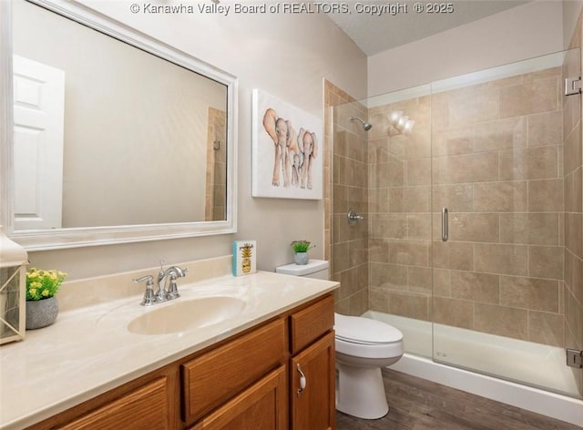 6 Squires Dr, Saint Albans, WV 25177 - bathroom featuring vanity, a stall shower, and wood finished floors