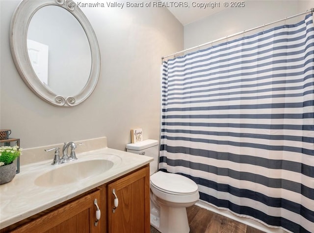 6 Squires Dr, Saint Albans, WV 25177 - bathroom with vanity, wood finished floors, and a shower with shower curtain