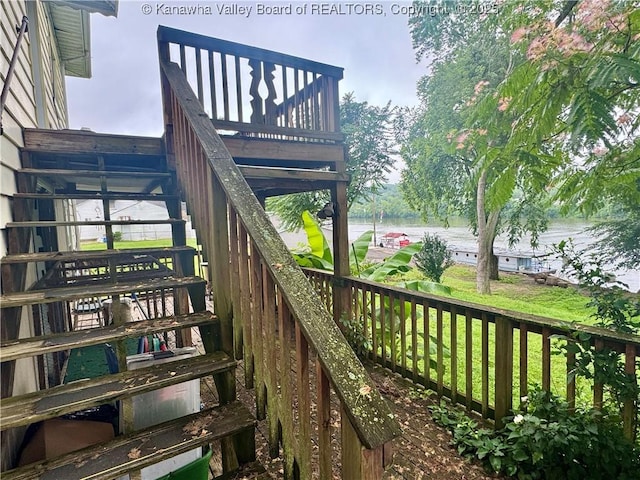 100 22nd St, Dunbar, WV 25064 - wooden terrace with a water view and stairway