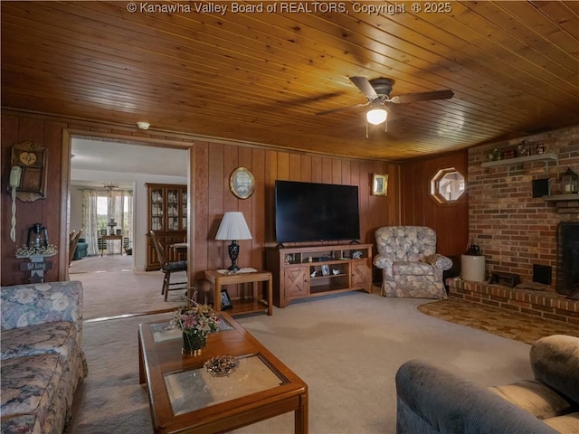 4728 Cain Ridge Rd, Leon, WV 25123 - carpeted living area with wood ceiling, wooden walls, and a ceiling fan