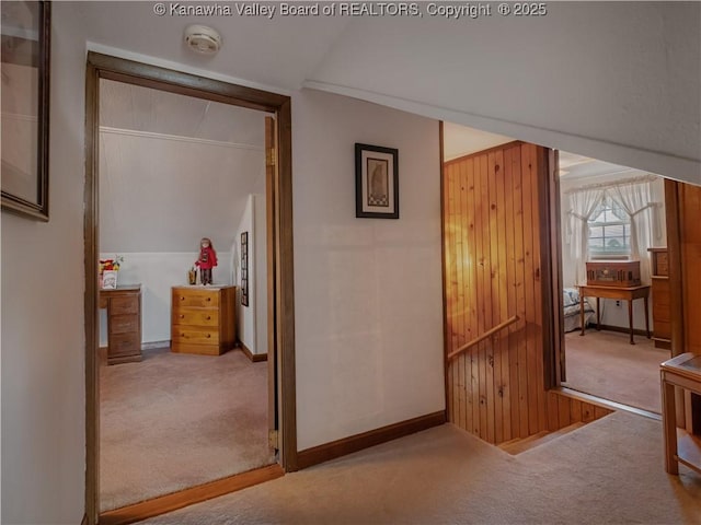 4728 Cain Ridge Rd, Leon, WV 25123 - hallway with carpet floors and wood walls