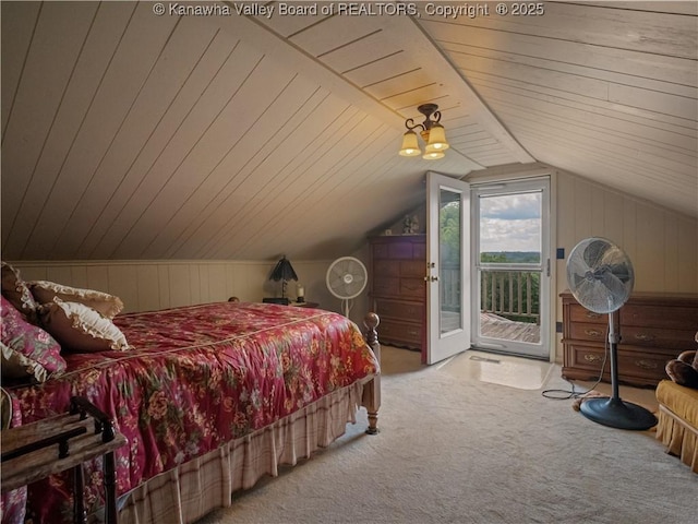 4728 Cain Ridge Rd, Leon, WV 25123 - carpeted bedroom with access to exterior, wooden ceiling, vaulted ceiling, and wood walls