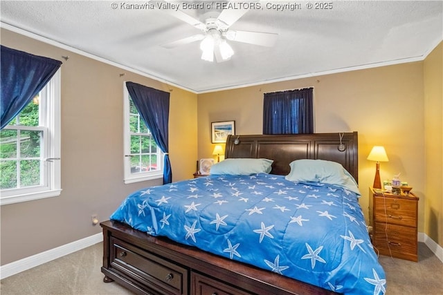 2526 Spring St, South Charleston, WV 25303 - bedroom featuring light colored carpet, crown molding, ceiling fan, and a textured ceiling