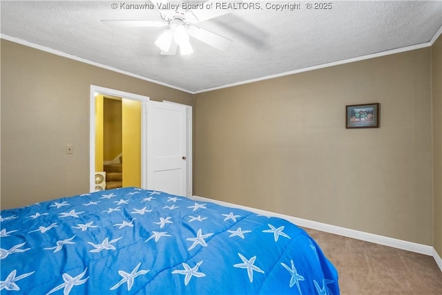 2526 Spring St, South Charleston, WV 25303 - carpeted bedroom featuring a textured ceiling, crown molding, and ceiling fan