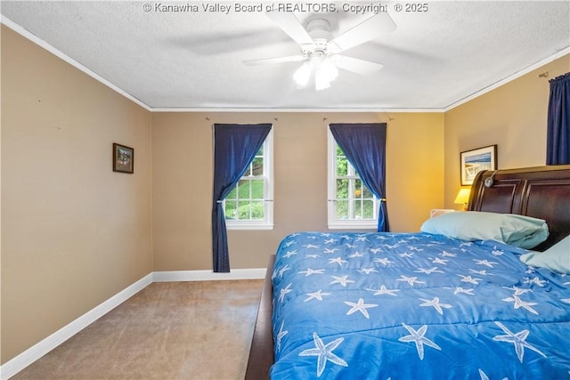2526 Spring St, South Charleston, WV 25303 - bedroom featuring carpet floors, a textured ceiling, ornamental molding, and ceiling fan