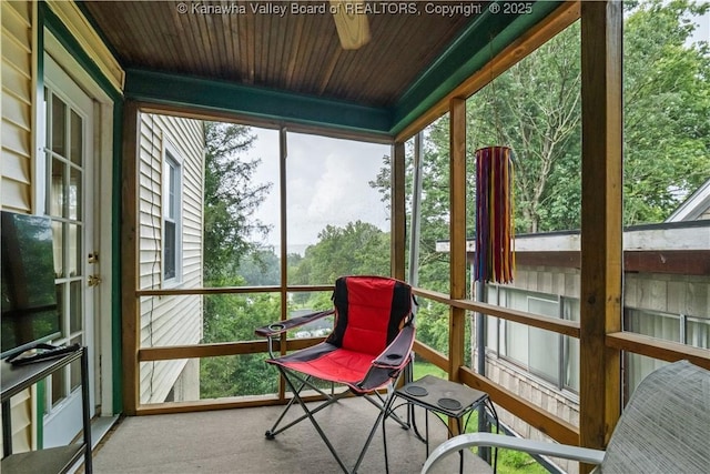 2526 Spring St, South Charleston, WV 25303 - sunroom featuring wooden ceiling, carpet flooring, and a ceiling fan