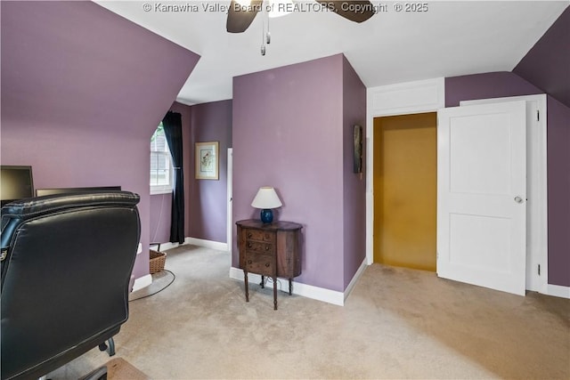 2526 Spring St, South Charleston, WV 25303 - home office with ceiling fan, light carpet, and lofted ceiling