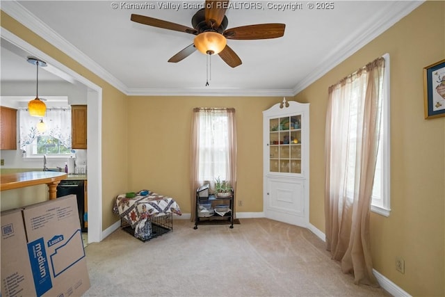 2526 Spring St, South Charleston, WV 25303 - sitting room featuring healthy amount of natural light, ornamental molding, light colored carpet, and a ceiling fan