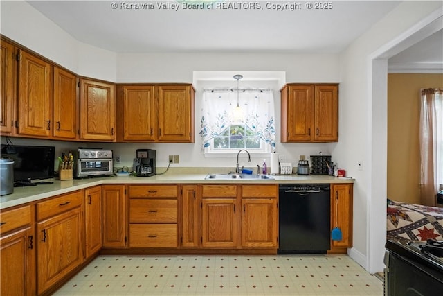 2526 Spring St, South Charleston, WV 25303 - kitchen with black dishwasher, brown cabinets, light countertops, and light floors