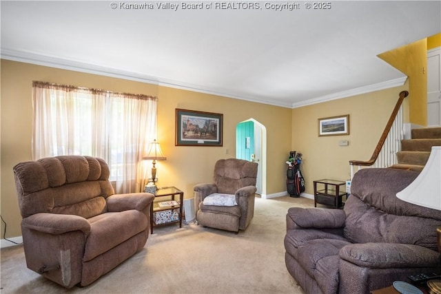 2526 Spring St, South Charleston, WV 25303 - carpeted living room with crown molding and arched walkways