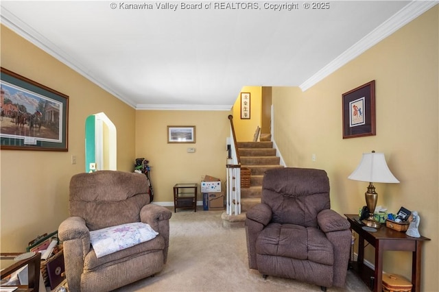 2526 Spring St, South Charleston, WV 25303 - carpeted living room featuring ornamental molding and stairs