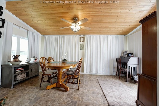 1009 Midway Dr, Dunbar, WV 25064 - dining area with wooden ceiling, stone finish flooring, a ceiling fan, and crown molding
